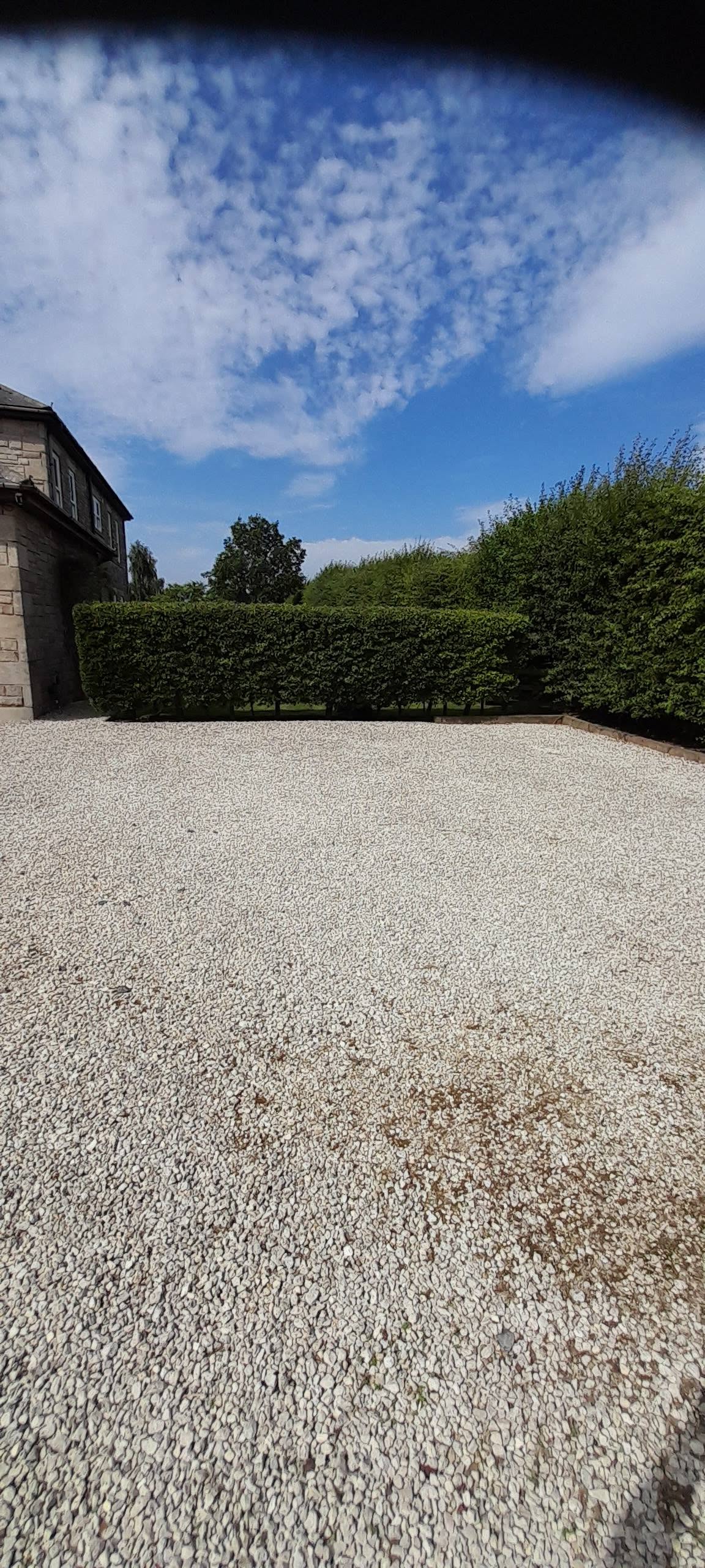 Gravel area edged by a trimmed hedge line