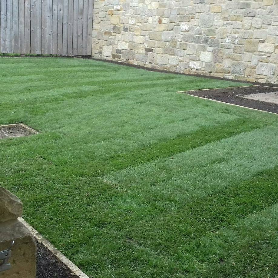 A striped new lawn beside a sandstone wall
