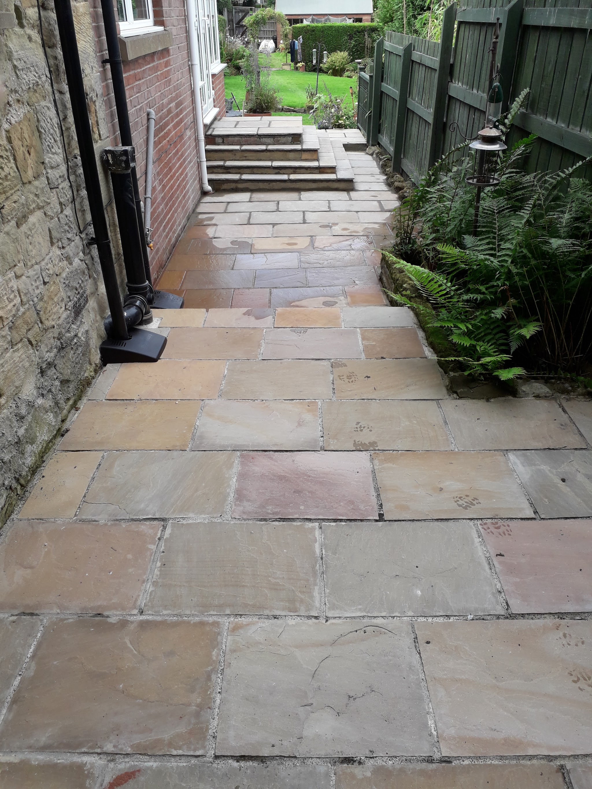 Sandstone flagged path and steps alongside a house